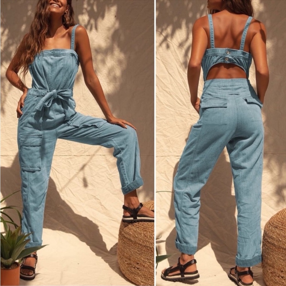 Free People Light Blue Denim Jumpsuit